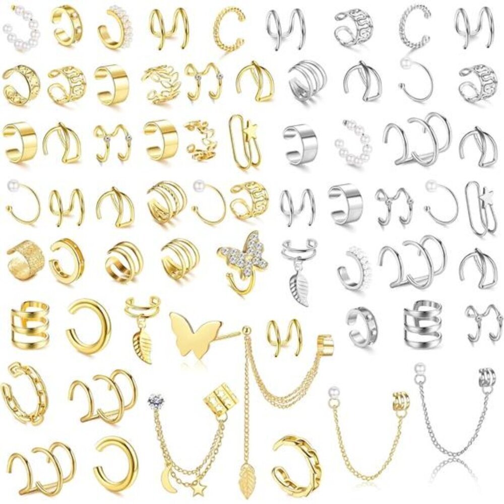 Trendy 66 Pcs Ear Cuff Earrings for Women Non Piercing, Hypoallergenic Fake